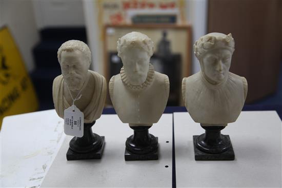 A set of six early 19th century Italian carved alabaster busts of artists and writers, height 8.25in.